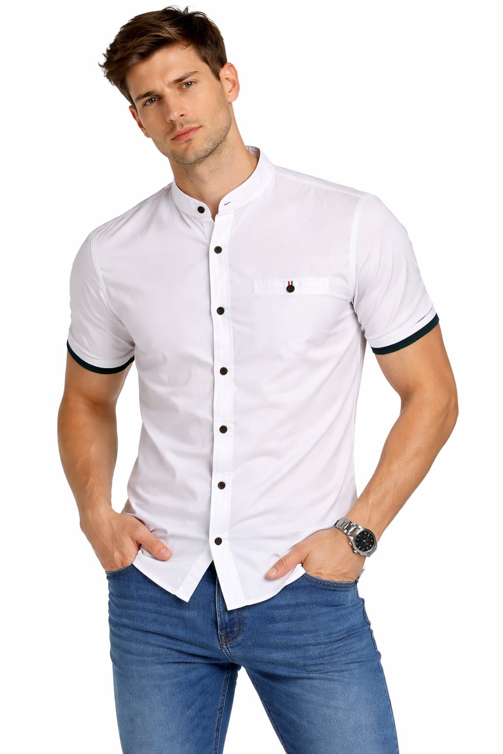 Camisa Cuello Mao Manga Corta con Fraja Negra