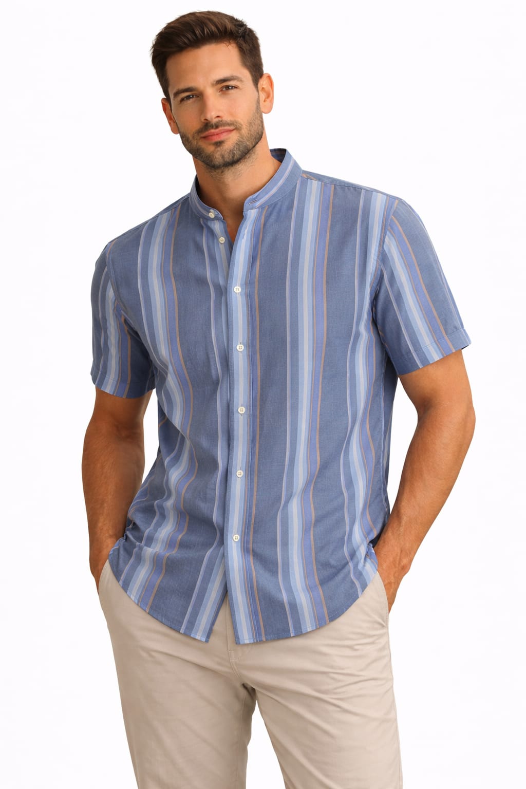 Camisa Cuello Mao Manga Corta Con Lineas Verticales