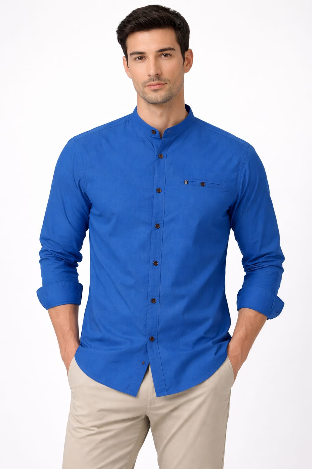 Camisa Cuello Mao Manga Larga Color Azul