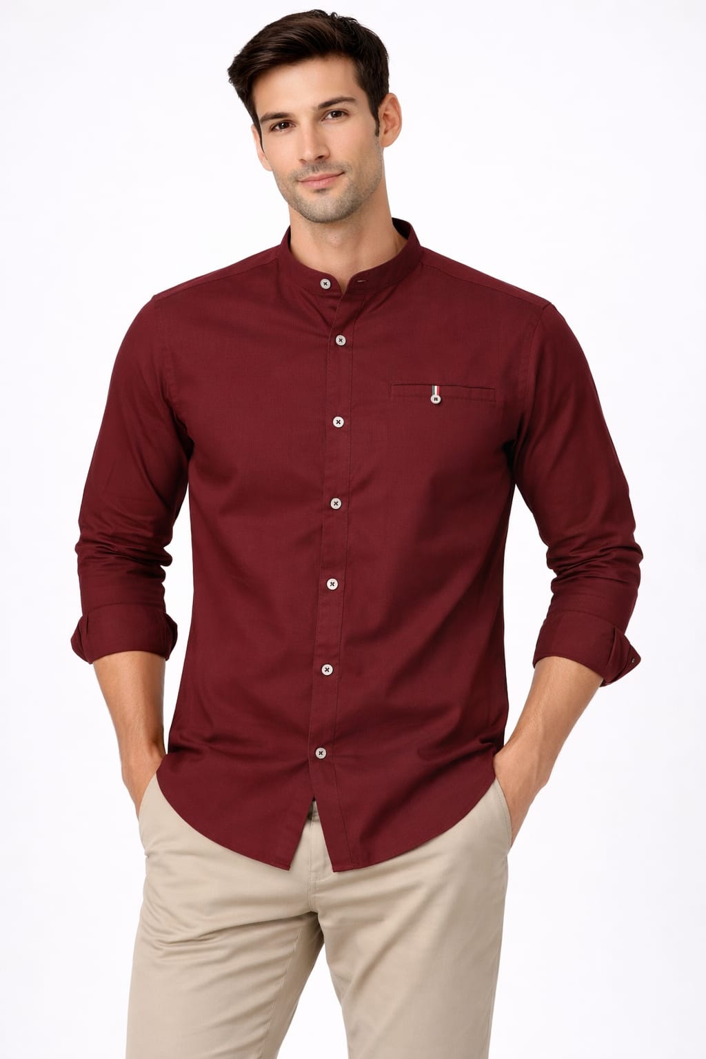 Camisa Cuello Mao Manga Larga Color Guinda