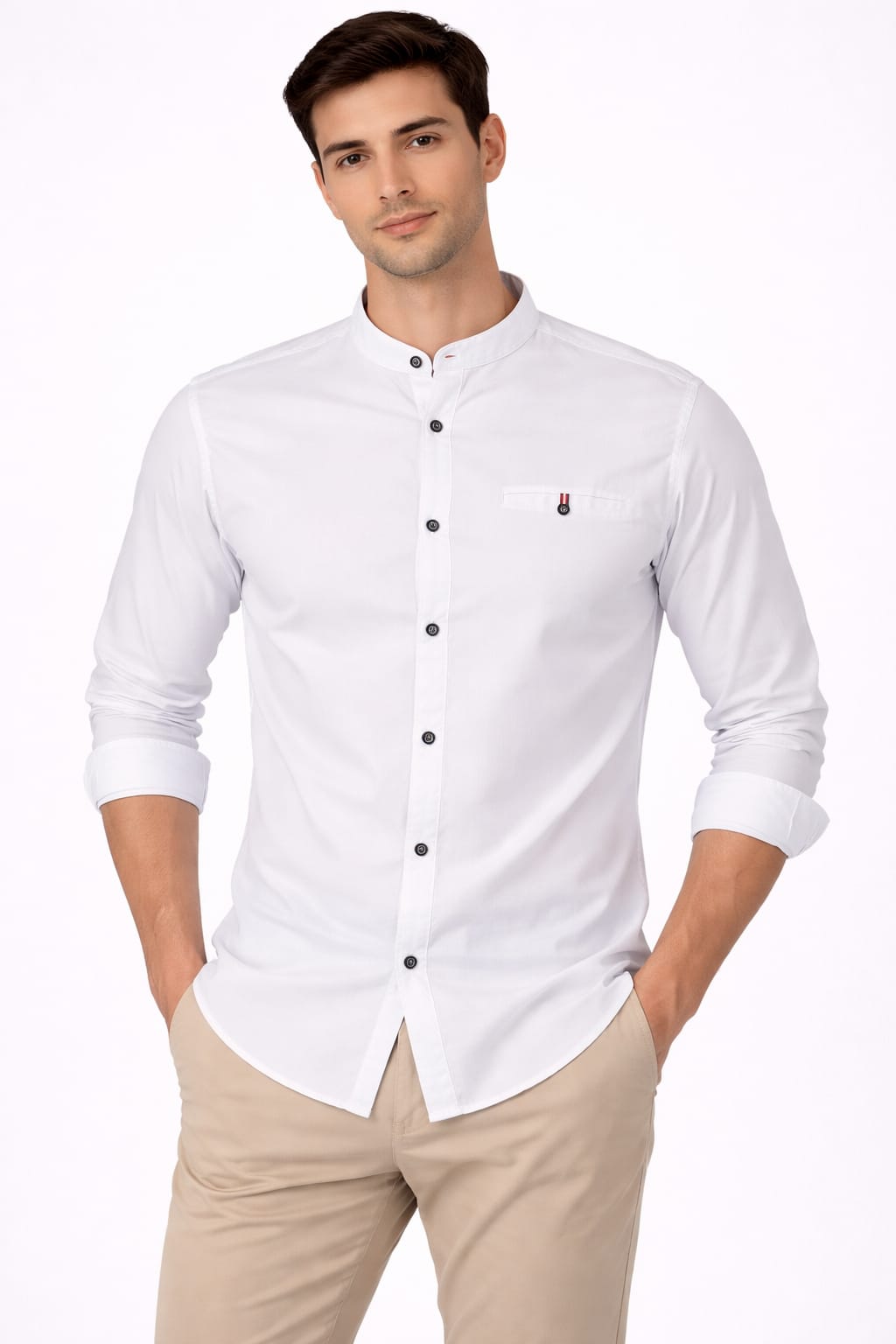 Camisa Cuello Mao Manga Larga Color Blanco
