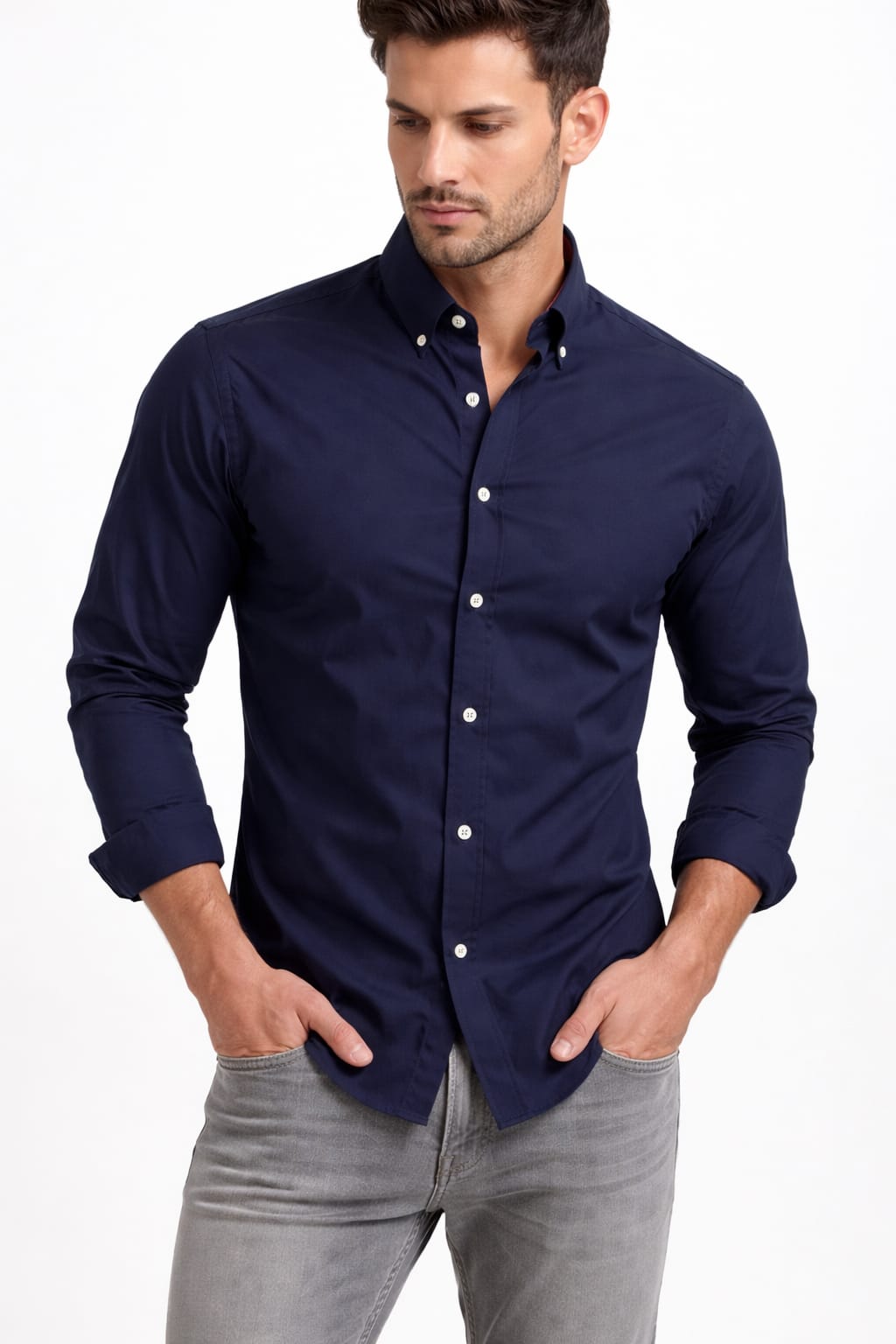 Camisa Cuello Americano Con Botón Manga Larga Color Azul Marino