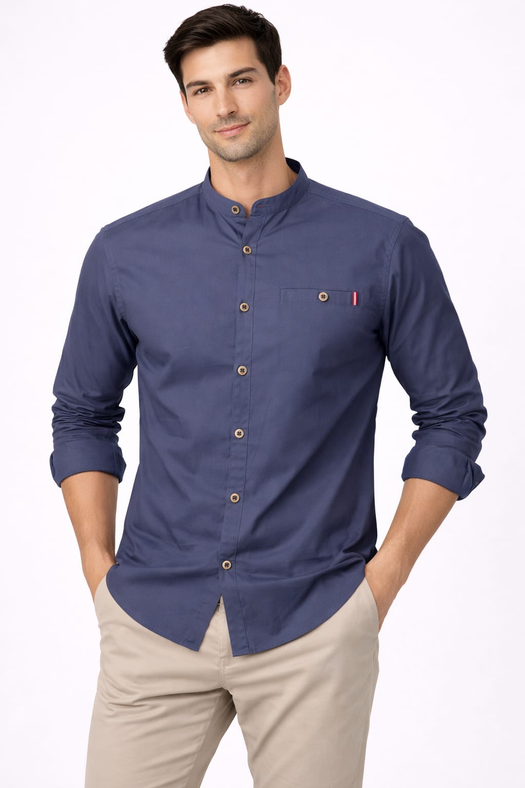 Camisa Cuello Mao Manga Larga Color Gris Petróleo