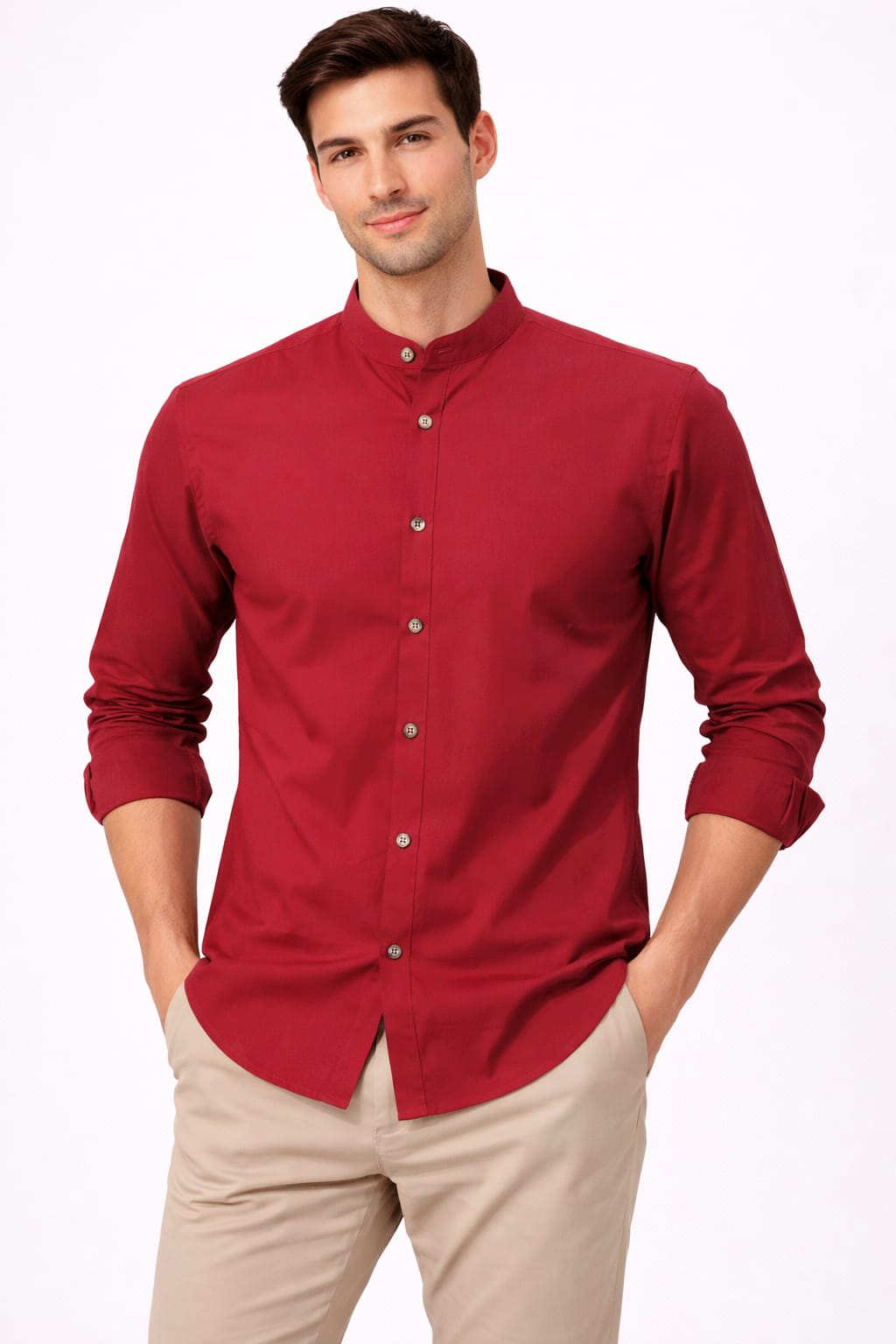 Camisa Cuello Mao Manga Larga Color Rojo
