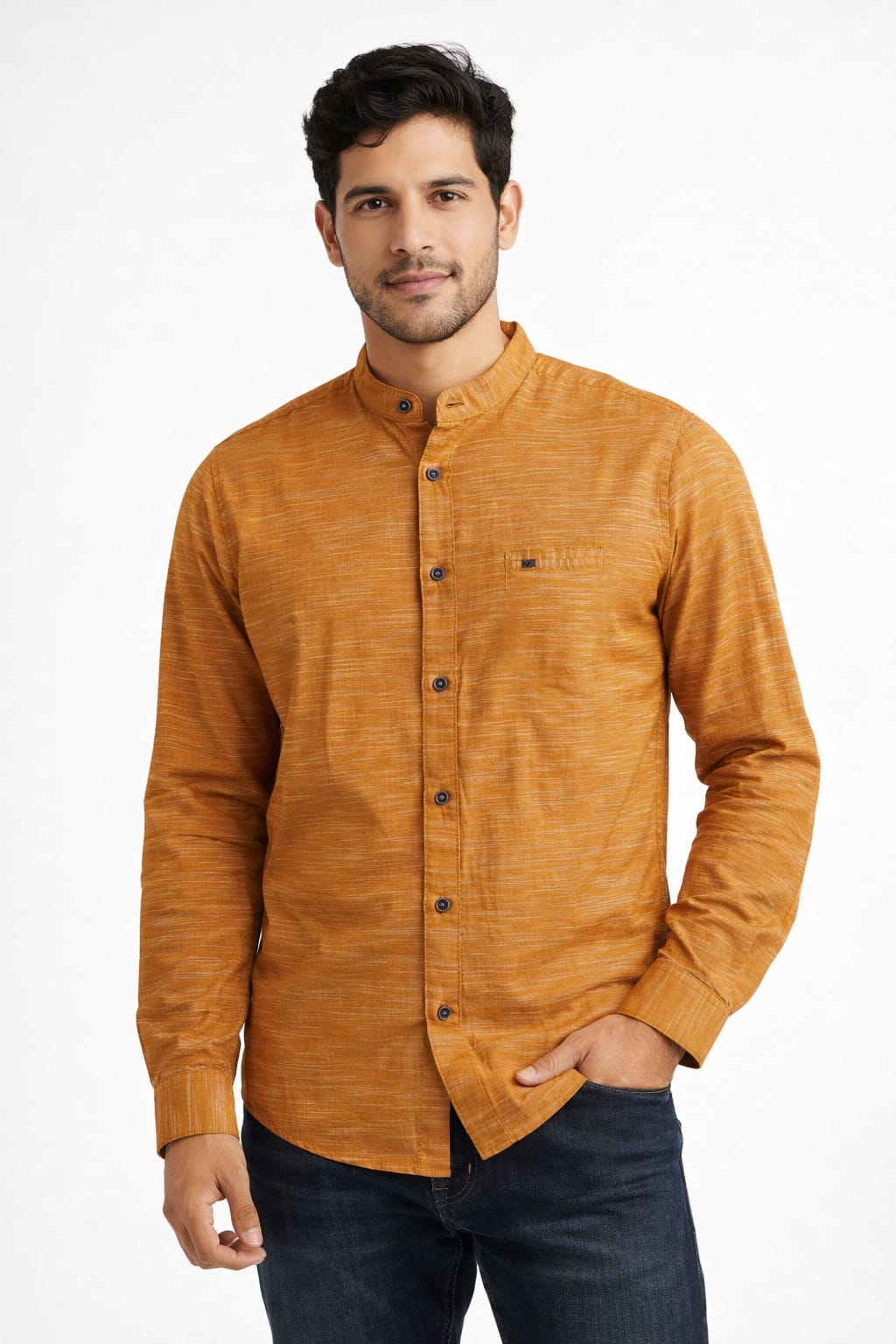 Camisa Cuello Mao Manga Larga Color Mostaza