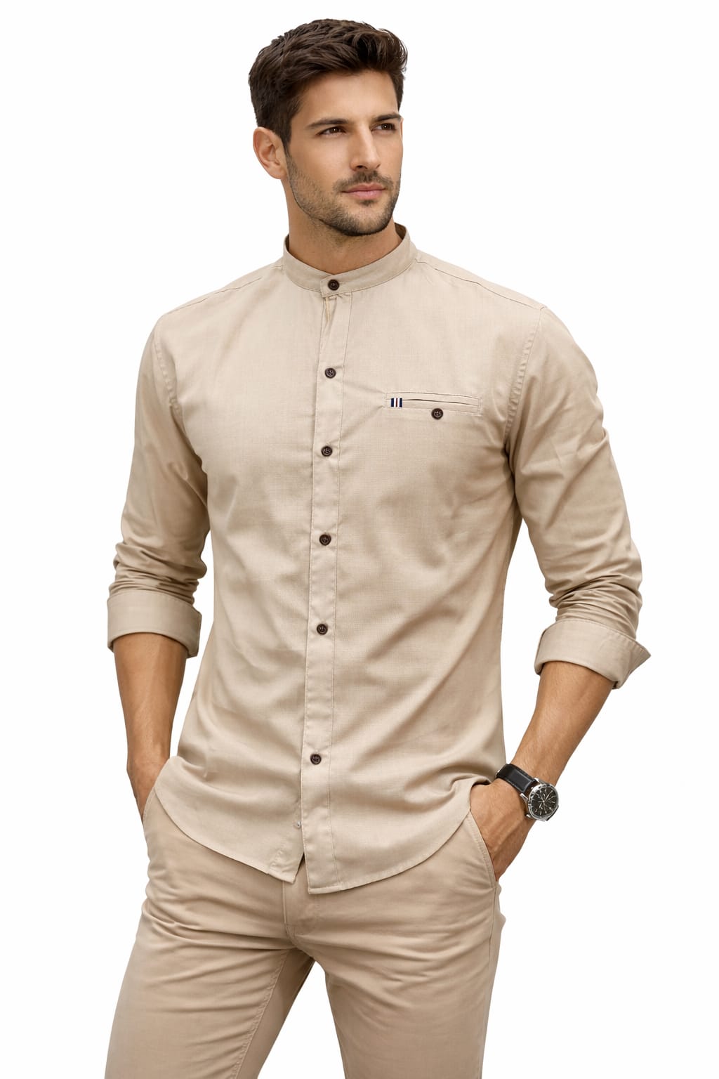 Camisa Cuello Mao Manga Larga Color Beige