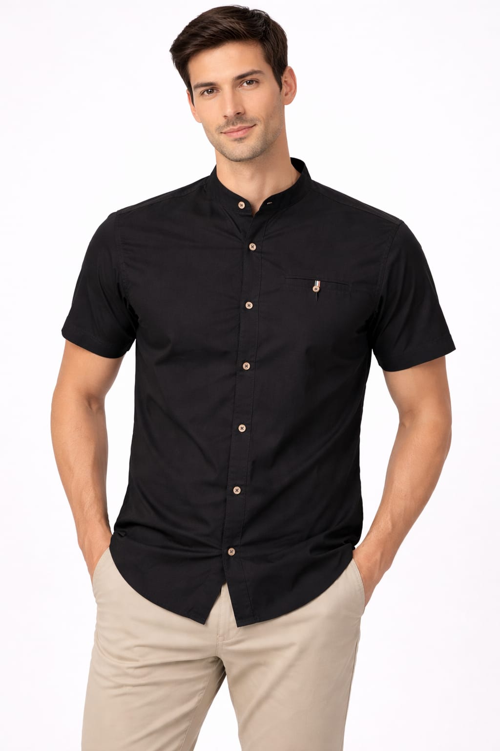 Camisa Cuello Mao Manga Corta Color Negro