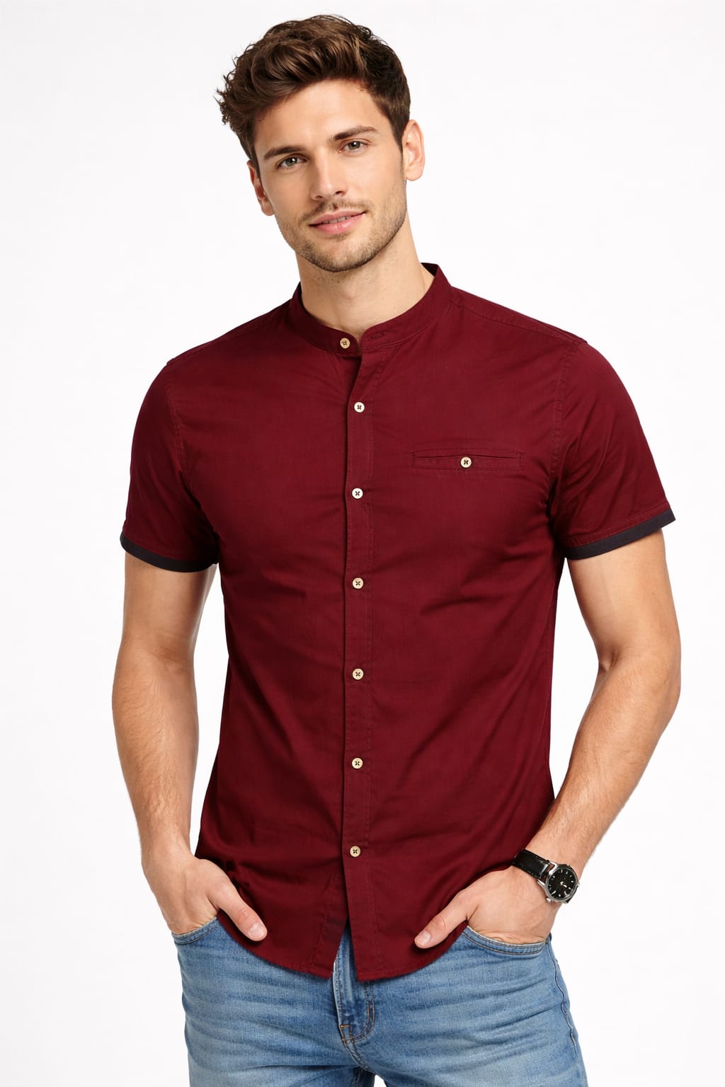 Camisa Cuello Mao Manga Corta Color Vino