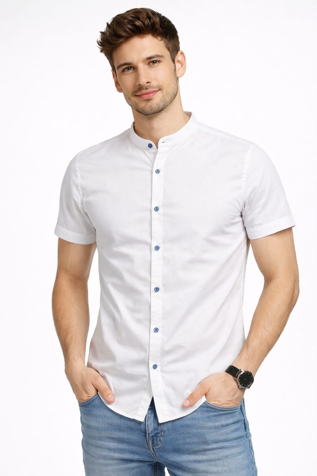 Camisa Cuello Mao Manga Corta Color Blanco