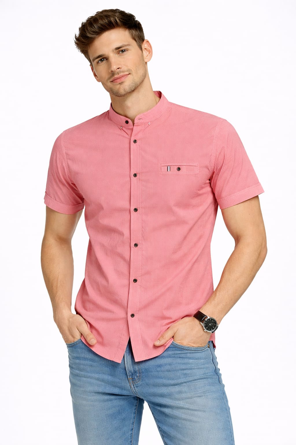 Camisa Cuello Mao Manga Corta Color Salmón