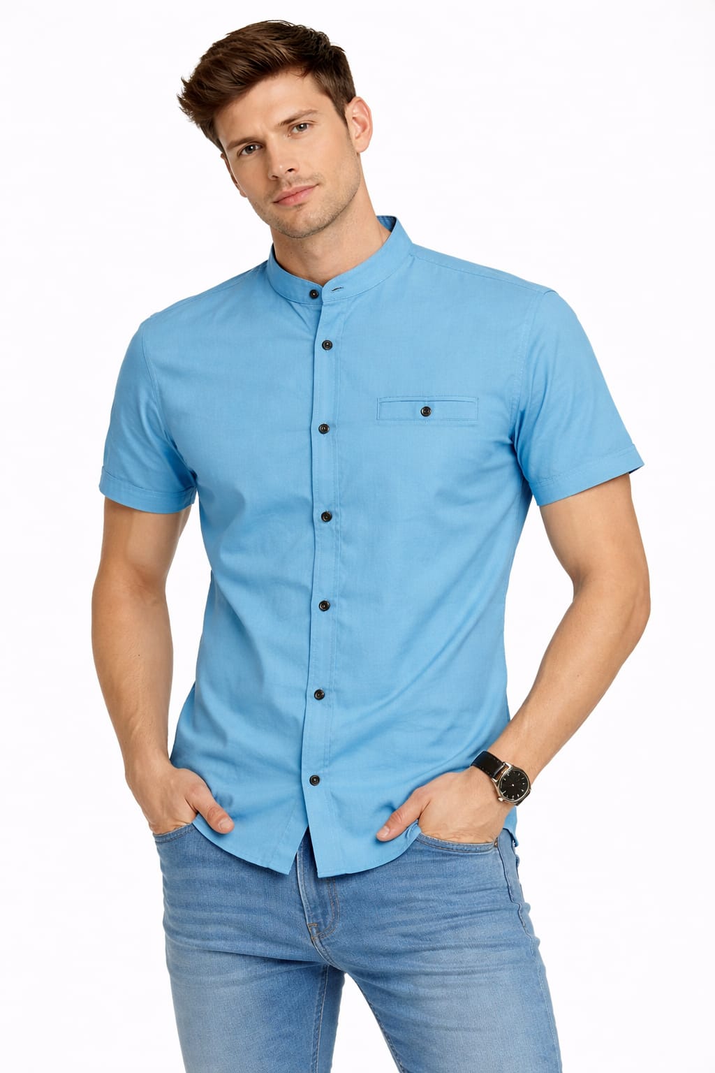Camisa Cuello Mao Manga Corta Color Azul