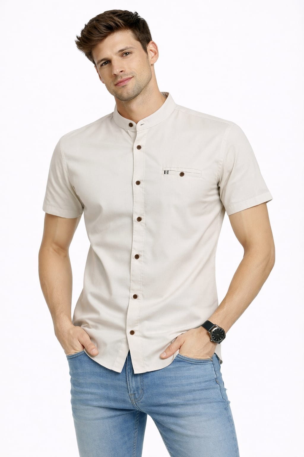 Camisa Cuello Mao Manga Corta Color Beige