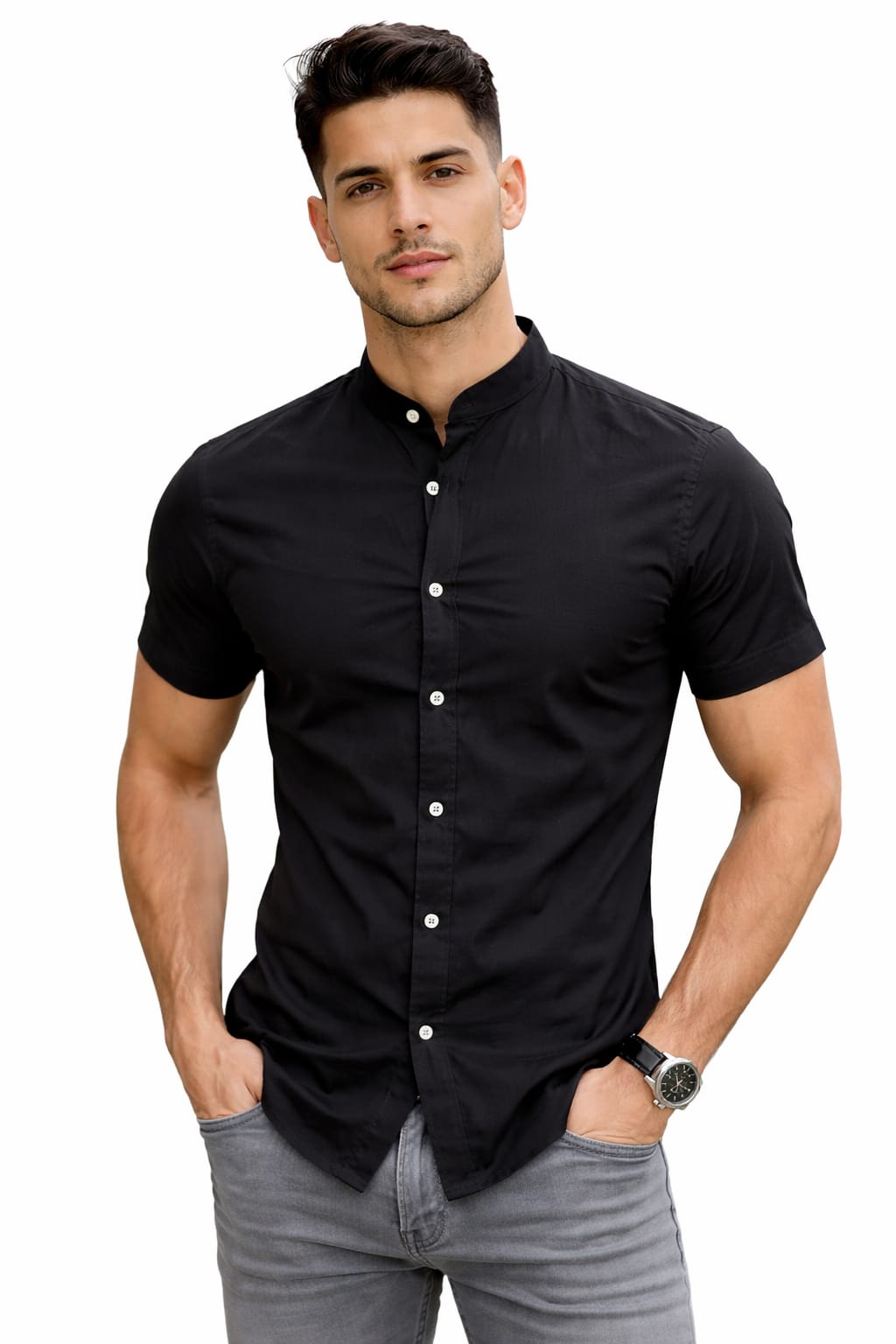 Camisa Cuello Mao Manga Corta Color negro