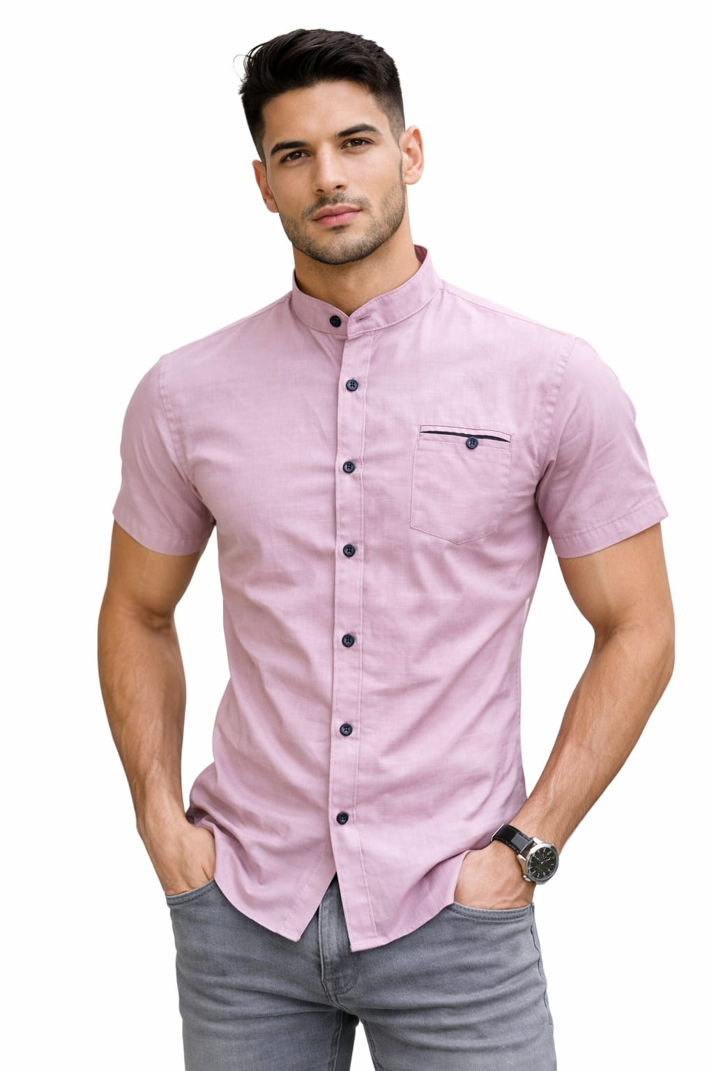 Camisa Cuello Mao Manga Corta Color Rosa Claro