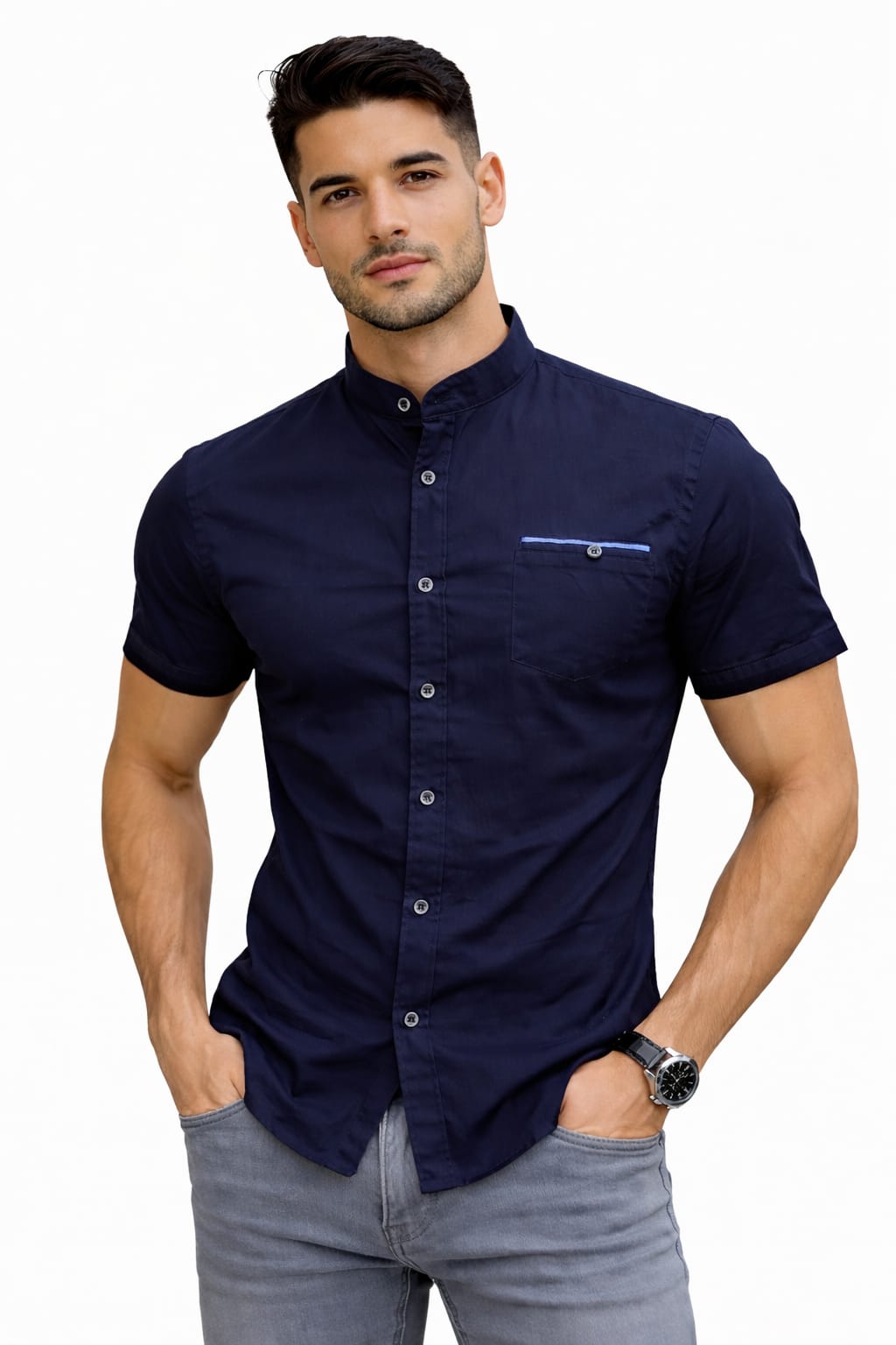 Camisa Cuello Mao Manga Corta Con Resorte Negro