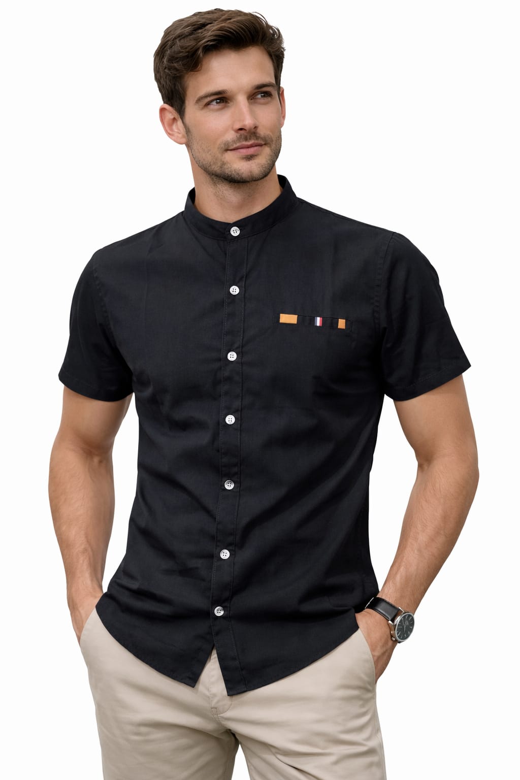Camisa de Cuello Mao Manga Corta Color Negro