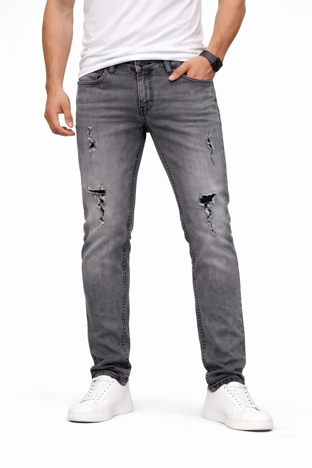 Pantalón De Mezclilla Entubado Semi-Rasgado Color Gris