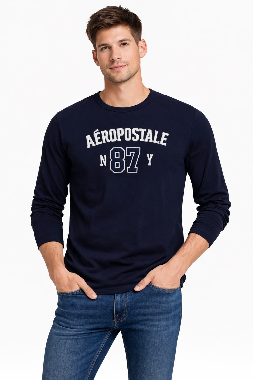 Playera Cuello Redondo Manga Larga Color Azul Marino