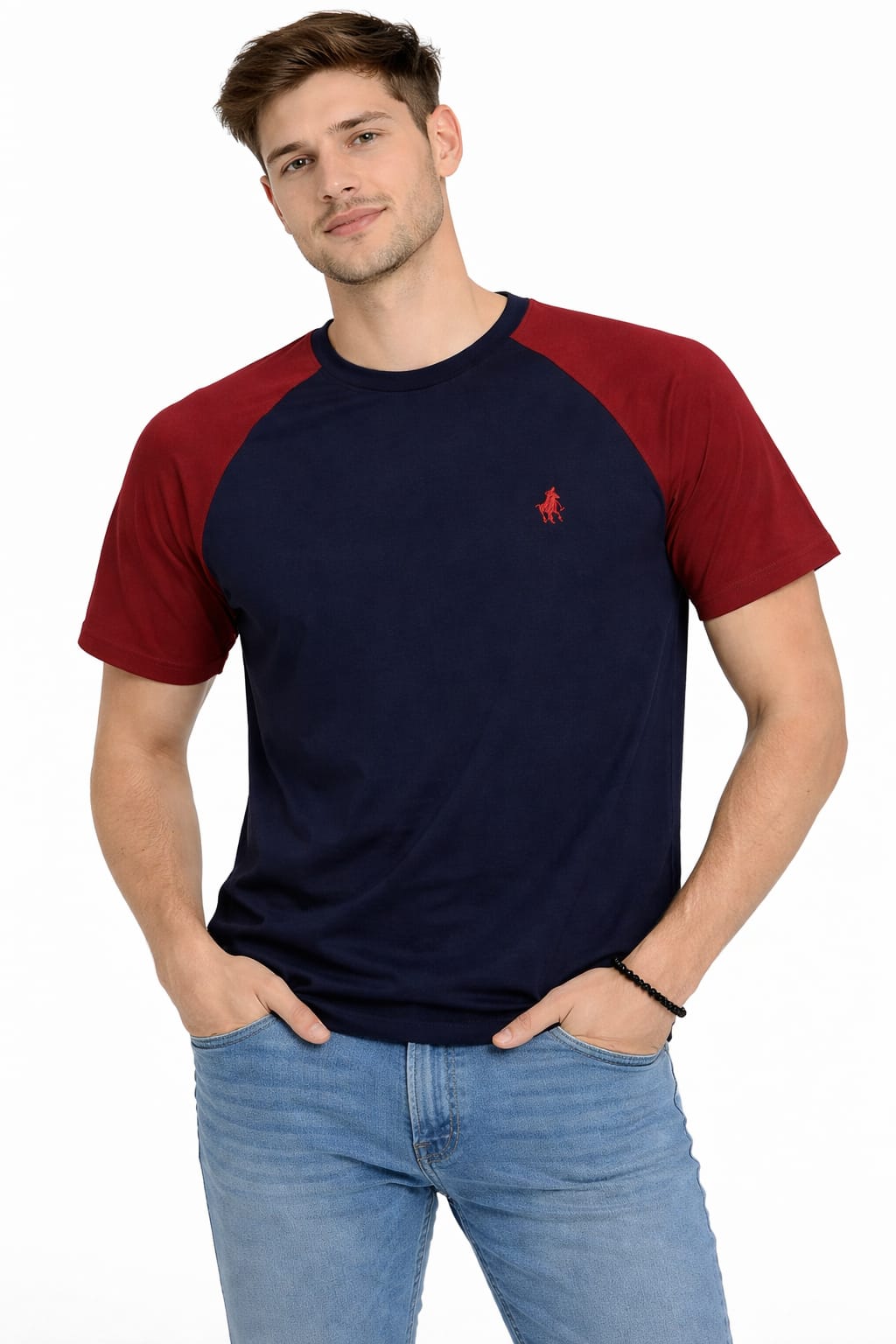 Playera Cuello Mao Manga Corta Color Rojo con Azul