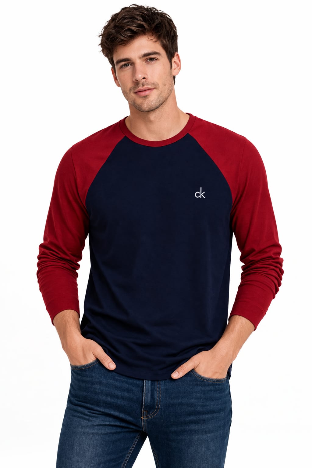 Playera Cuello Redondo Manga Larga Color Rojo Con Azul Marino