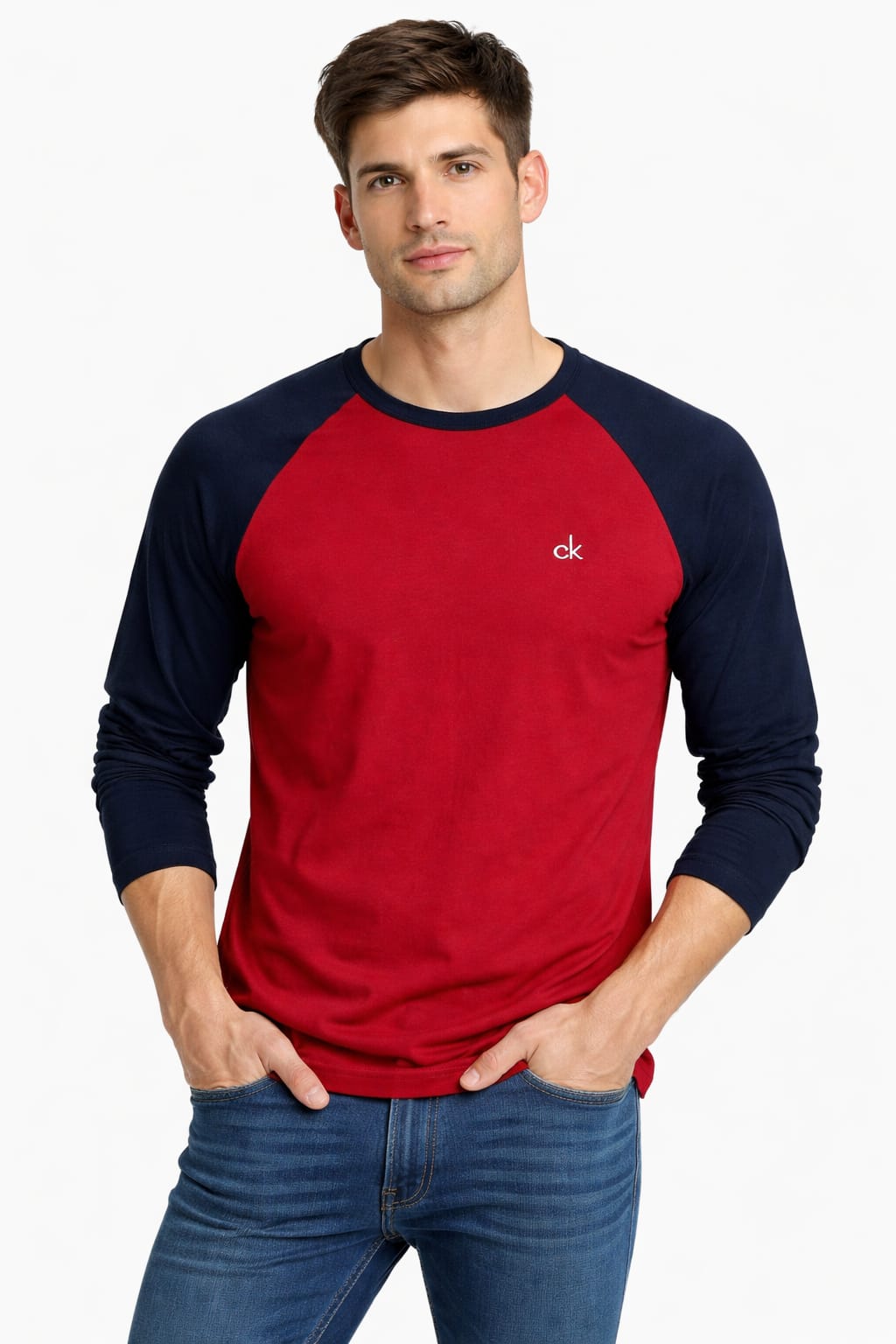 Playera Cuello Redondo Manga Larga Color Azul Marino Con Rojo