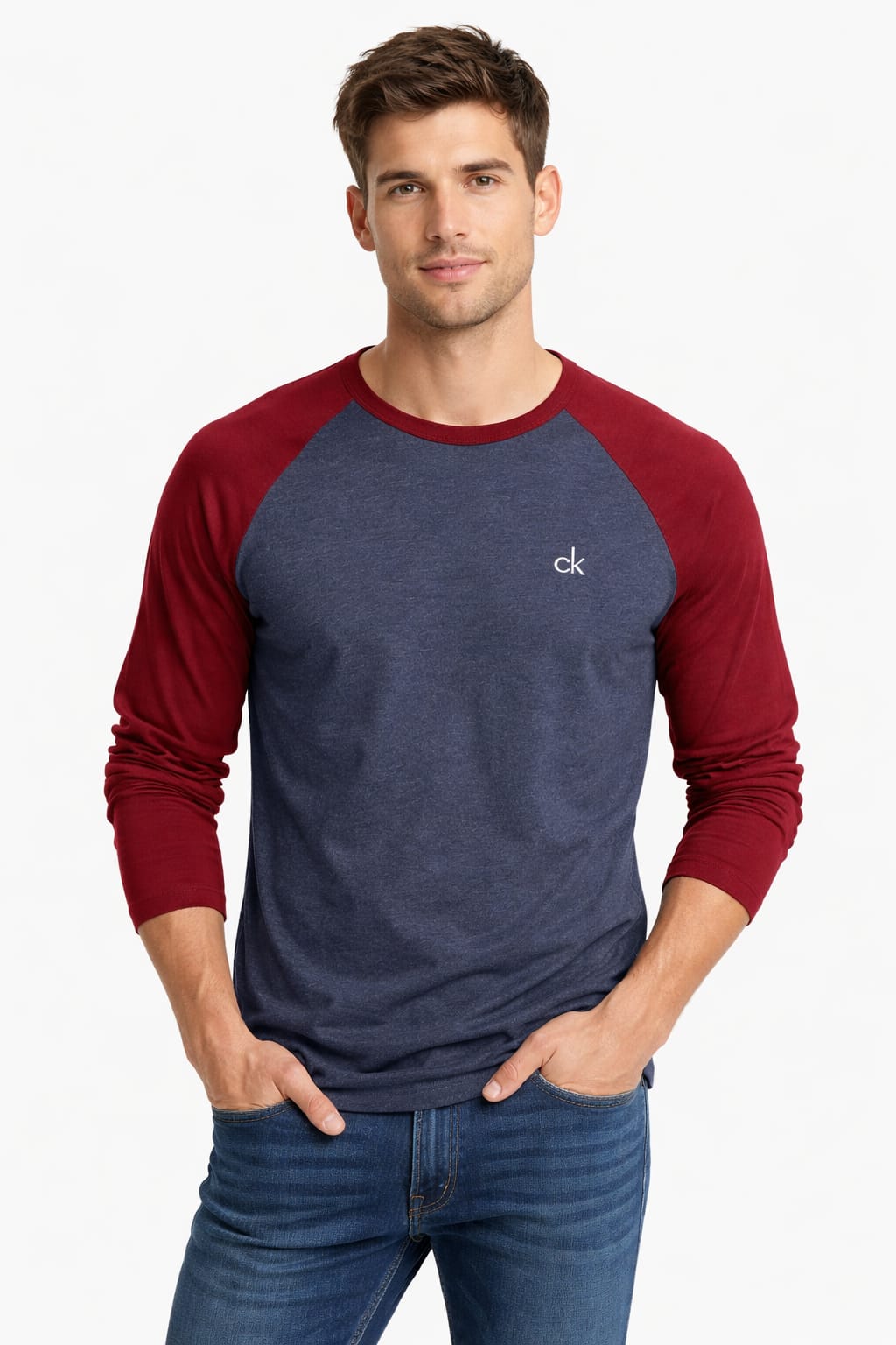 Playera Cuello Redondo Manga Larga Color Rojo Con Gris