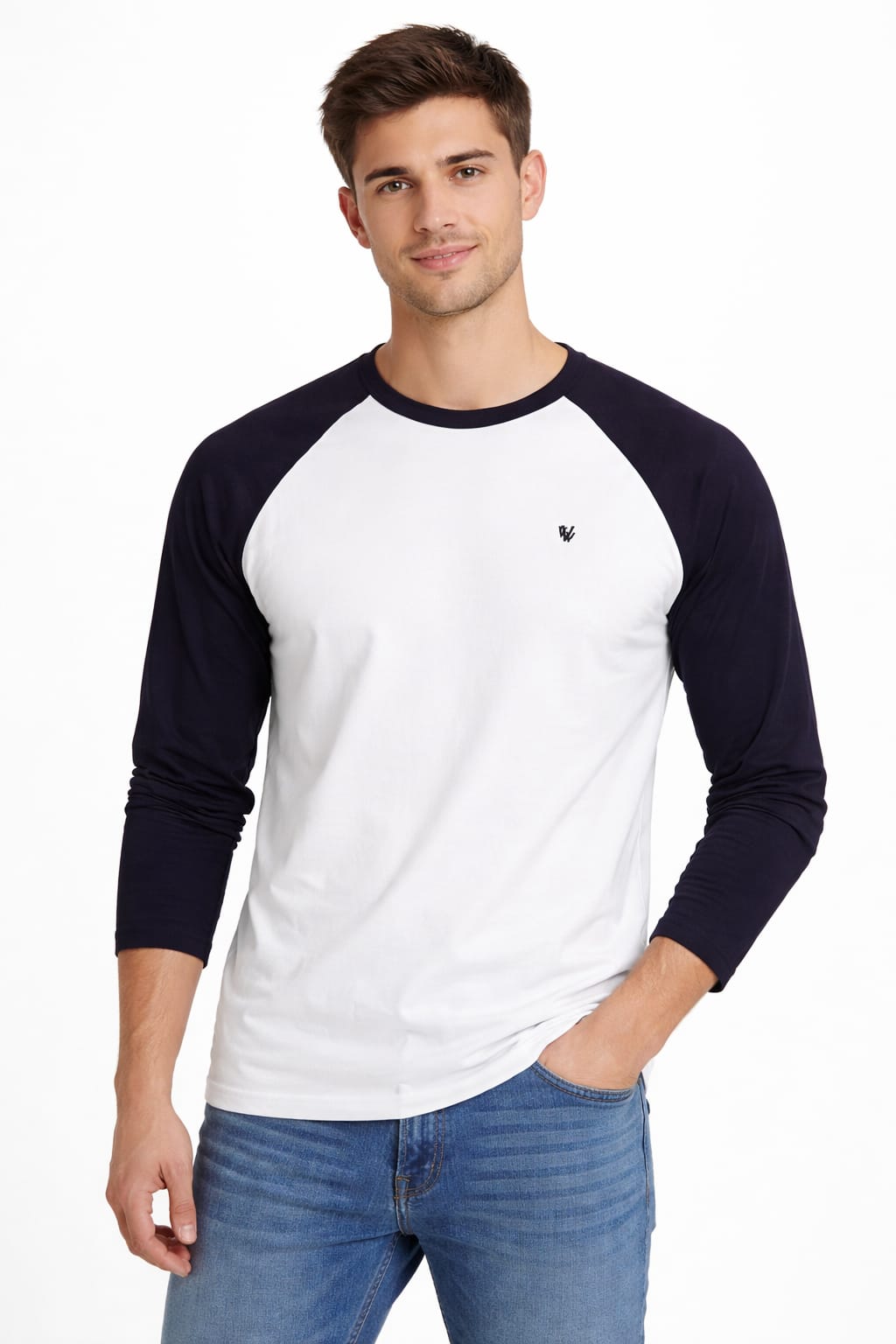 Playera Cuello Redondo Manga Larga Color Blanco Con Azul Marino