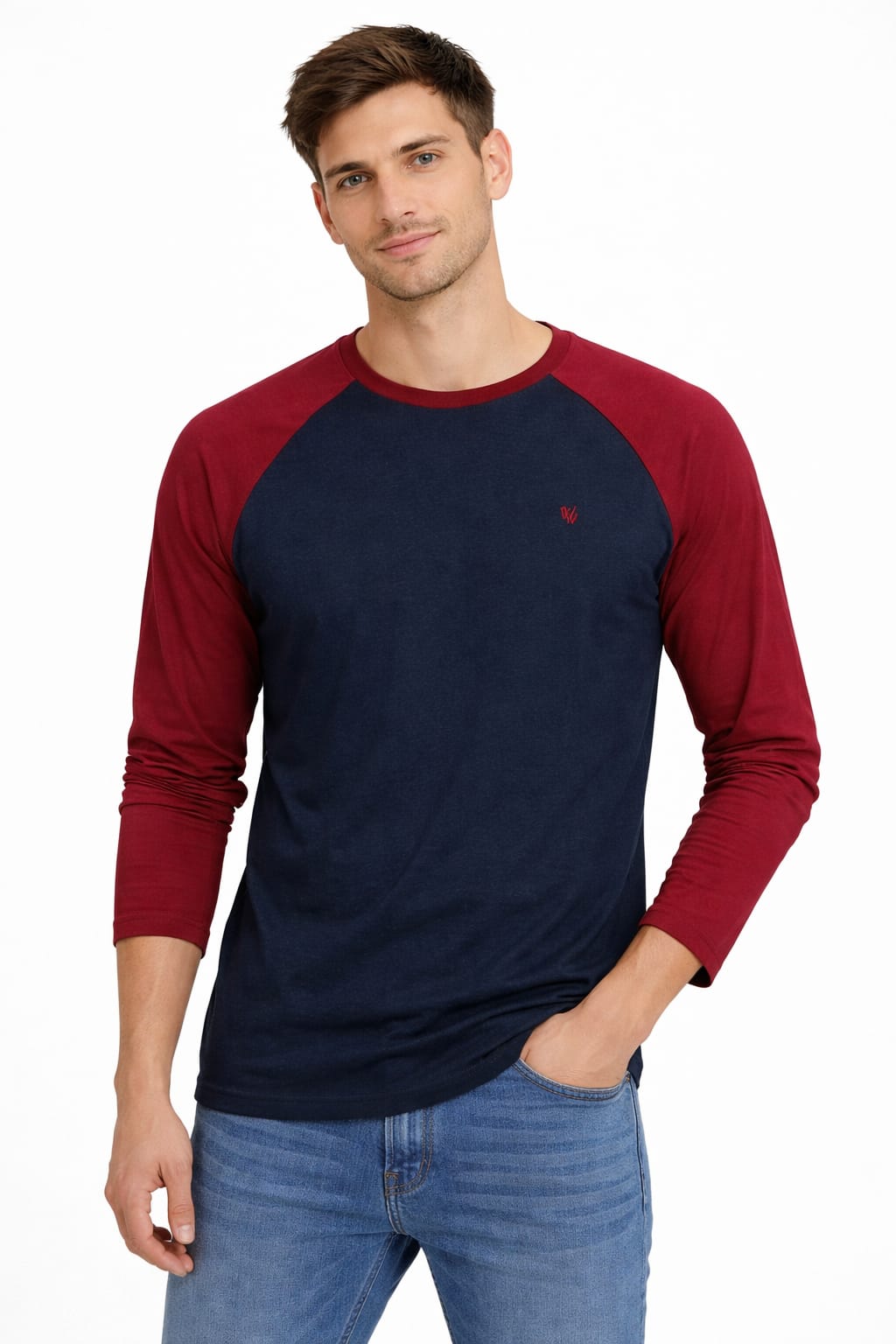 Playera Cuello Redondo Manga Larga Color Guinda Con Azul Marino