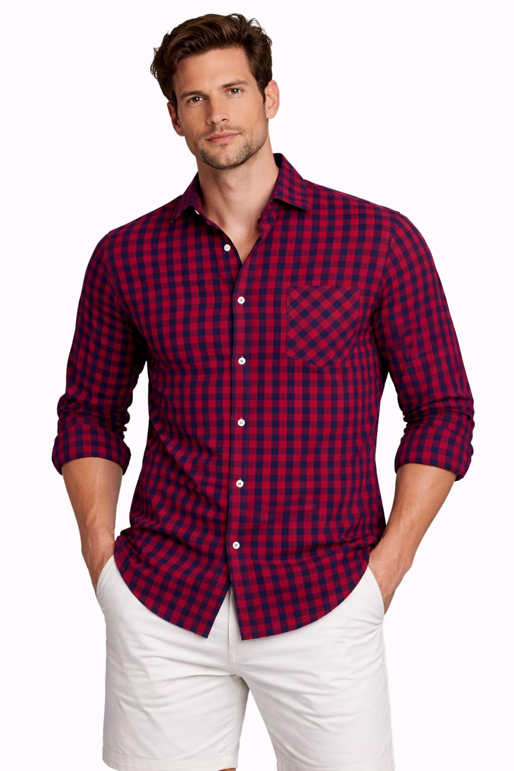 Camisa Con Estampado de Cuadros Cuello Italiano