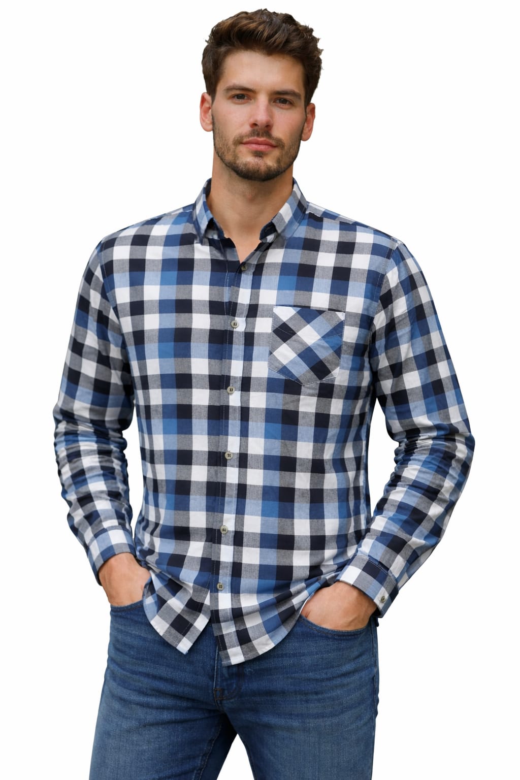 Camisa con Estampado de Cuadros Cuello Italiano