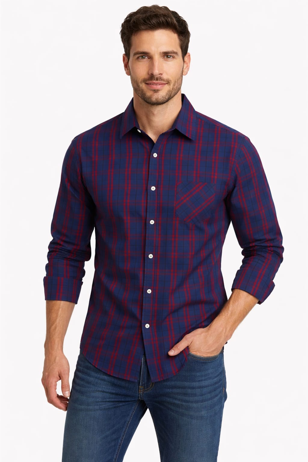 Camisa con estampado de cuadros cuello Italiano