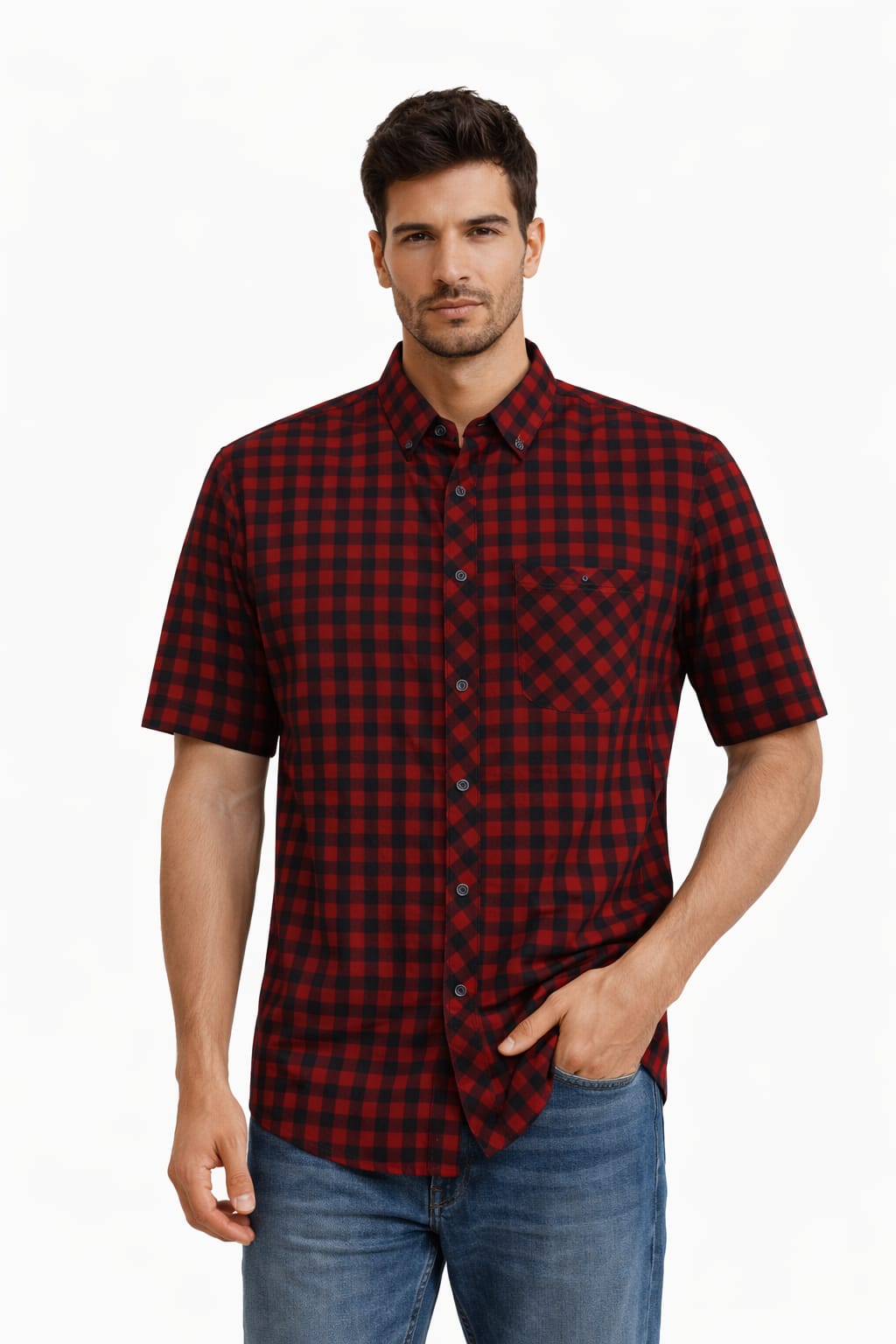 Camisa Con Estampado De Cuadros Manga Corta