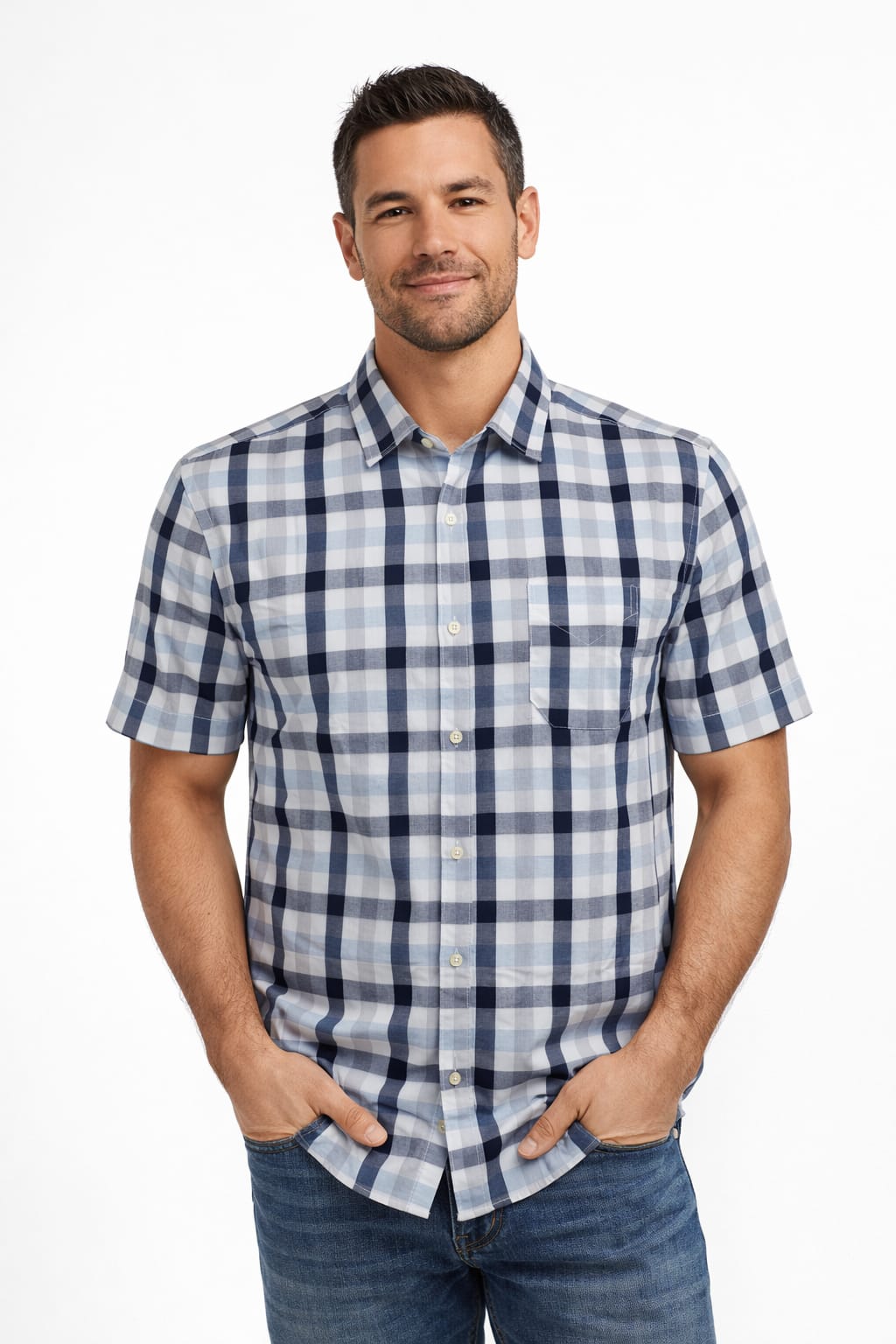 Camisa Con Estampado de Cuadros Manga Corta