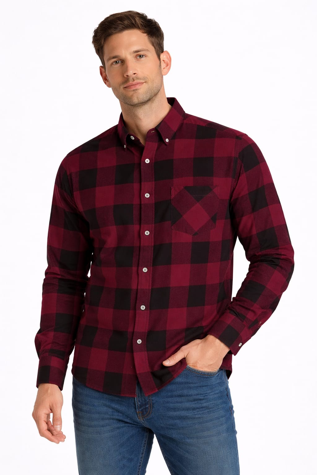 Camisa de Franela con Estampado de Cuadros Cuello Americano