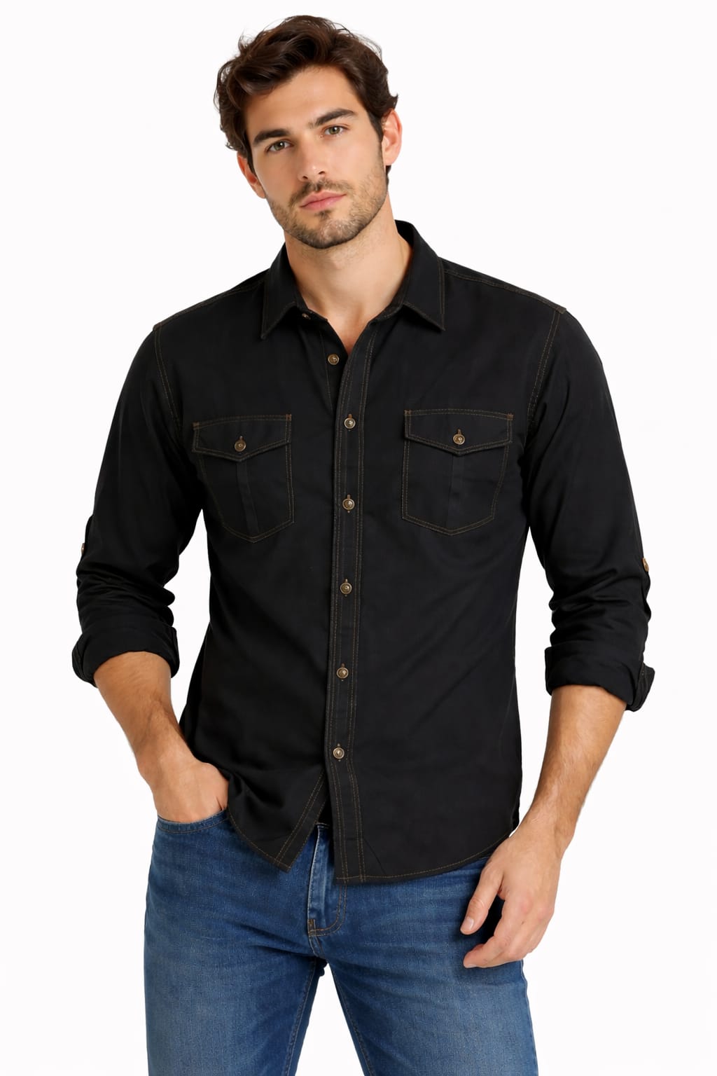 Camisa De Mezclilla Manga Larga Color Negro