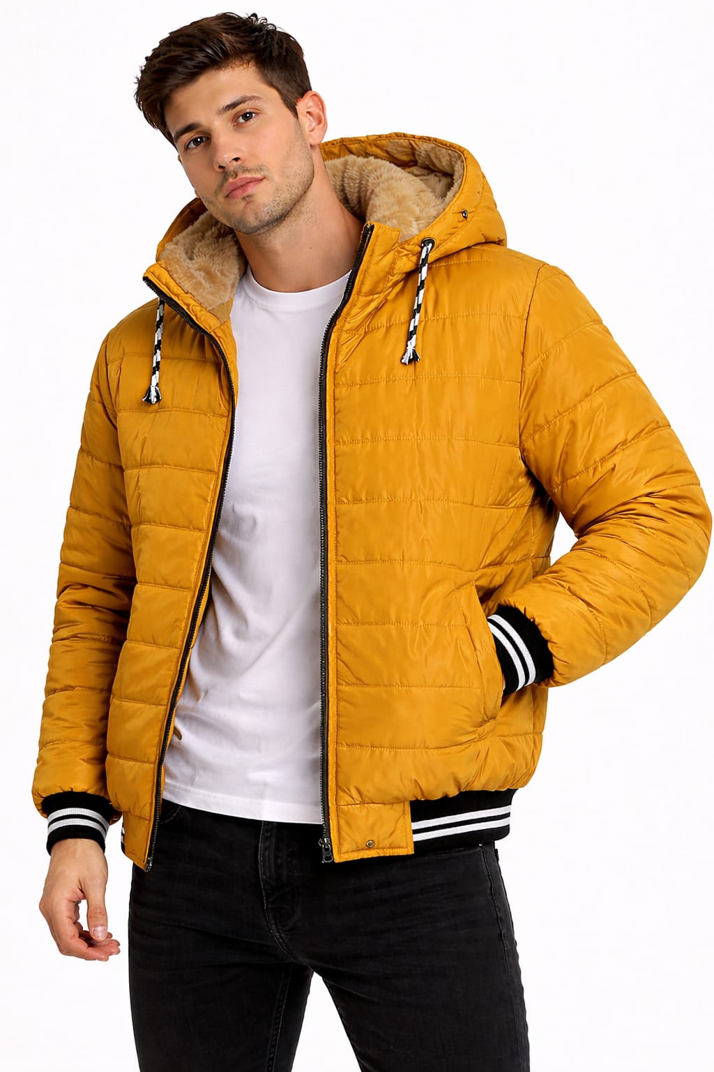 Chamarra Aborregada Con Gorra Desmontable Color Mostaza