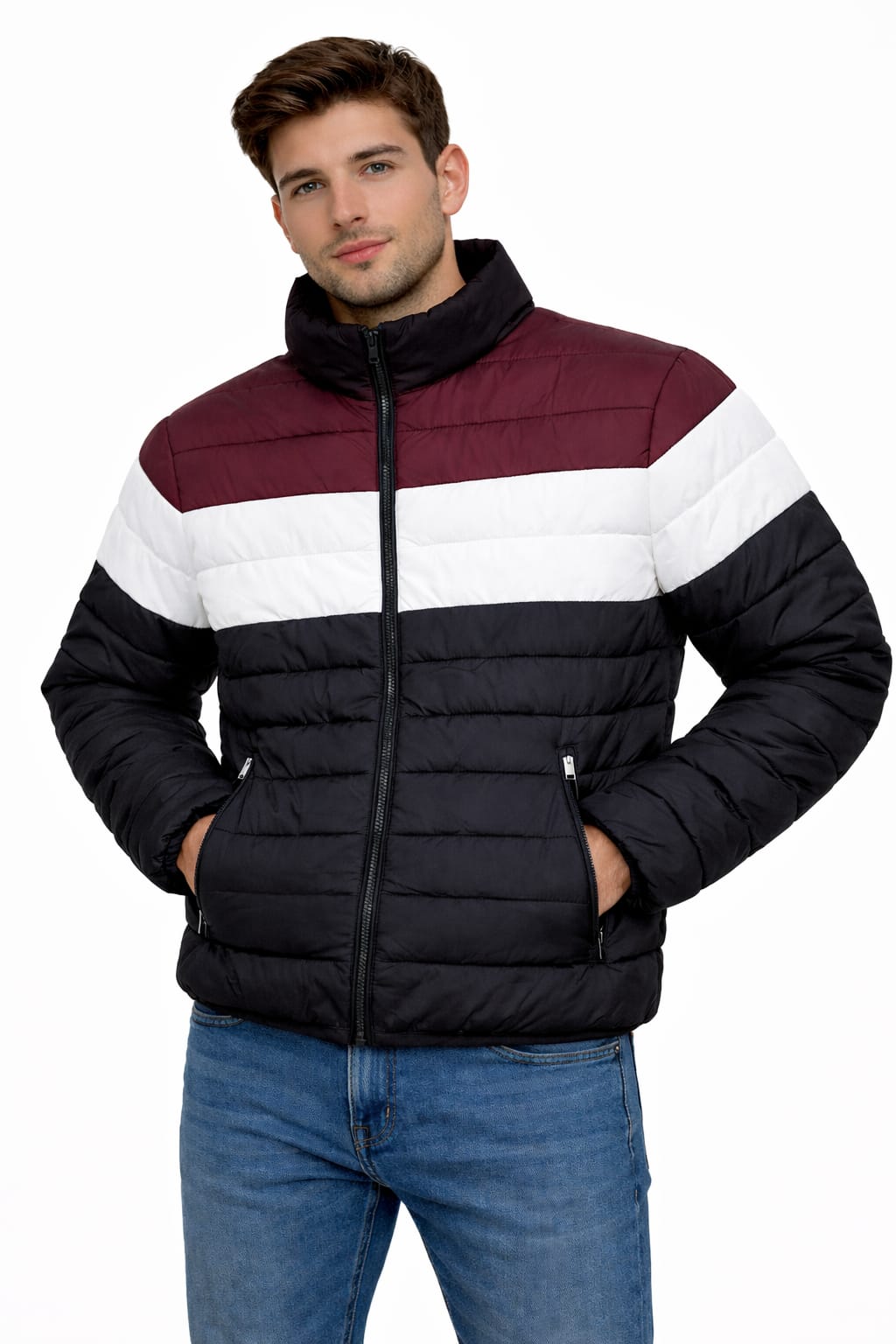 Chamarra Sencilla Tricolor Guinda, Blanco y Negro