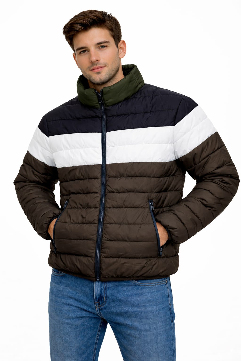 Chamarra Sencilla Tricolor Verde, Blanco y Azul Marino