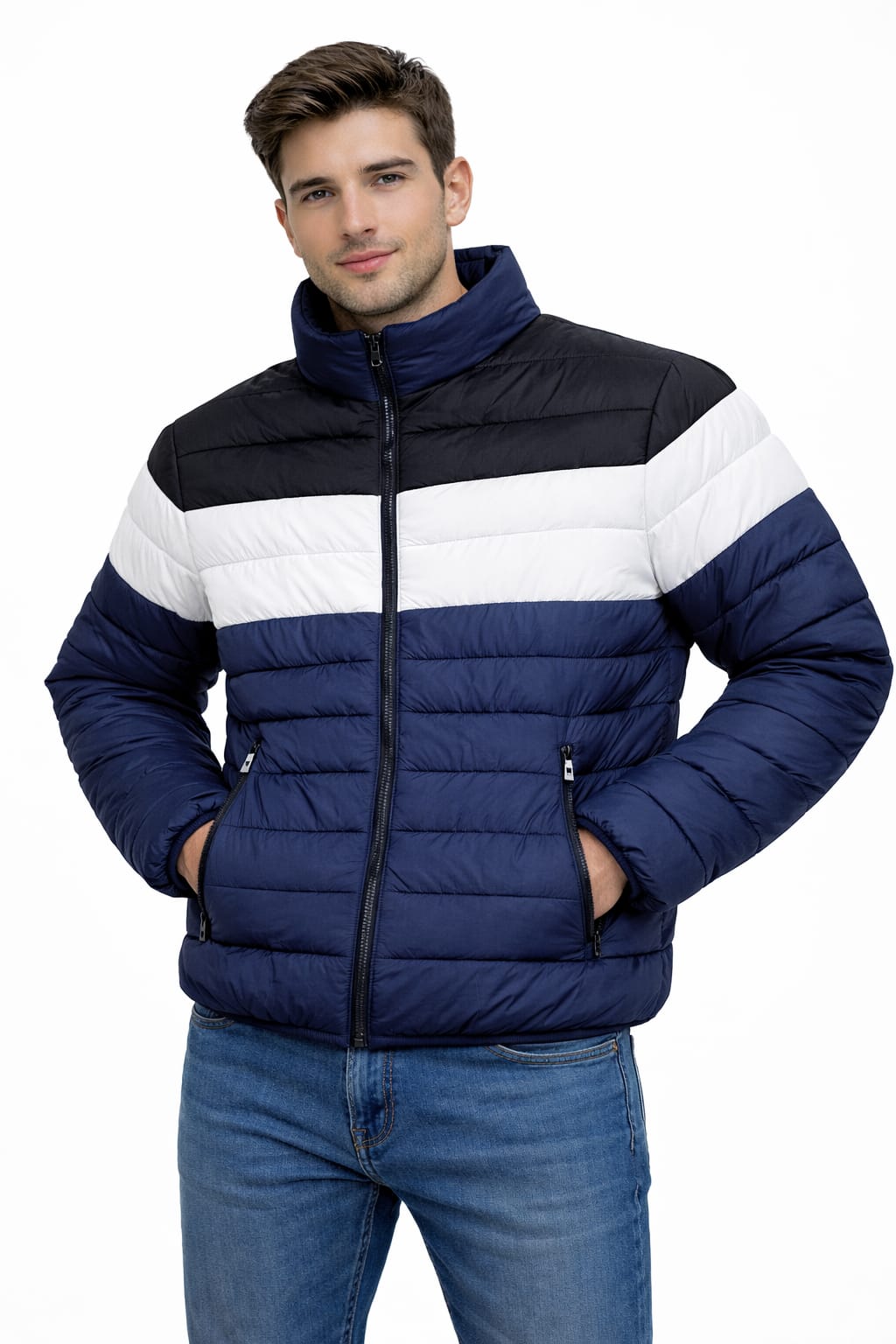 Chamarra Sencilla Tricolor Azul, Blanco y Negro