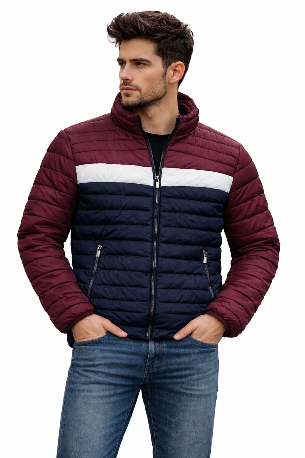 Chamarra Sencilla Tricolor Guinda, Blanco y negro