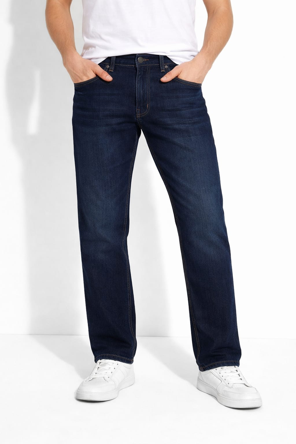 Pantalón de Mezclilla Rígida Corte Recto Color Azul Oscuro