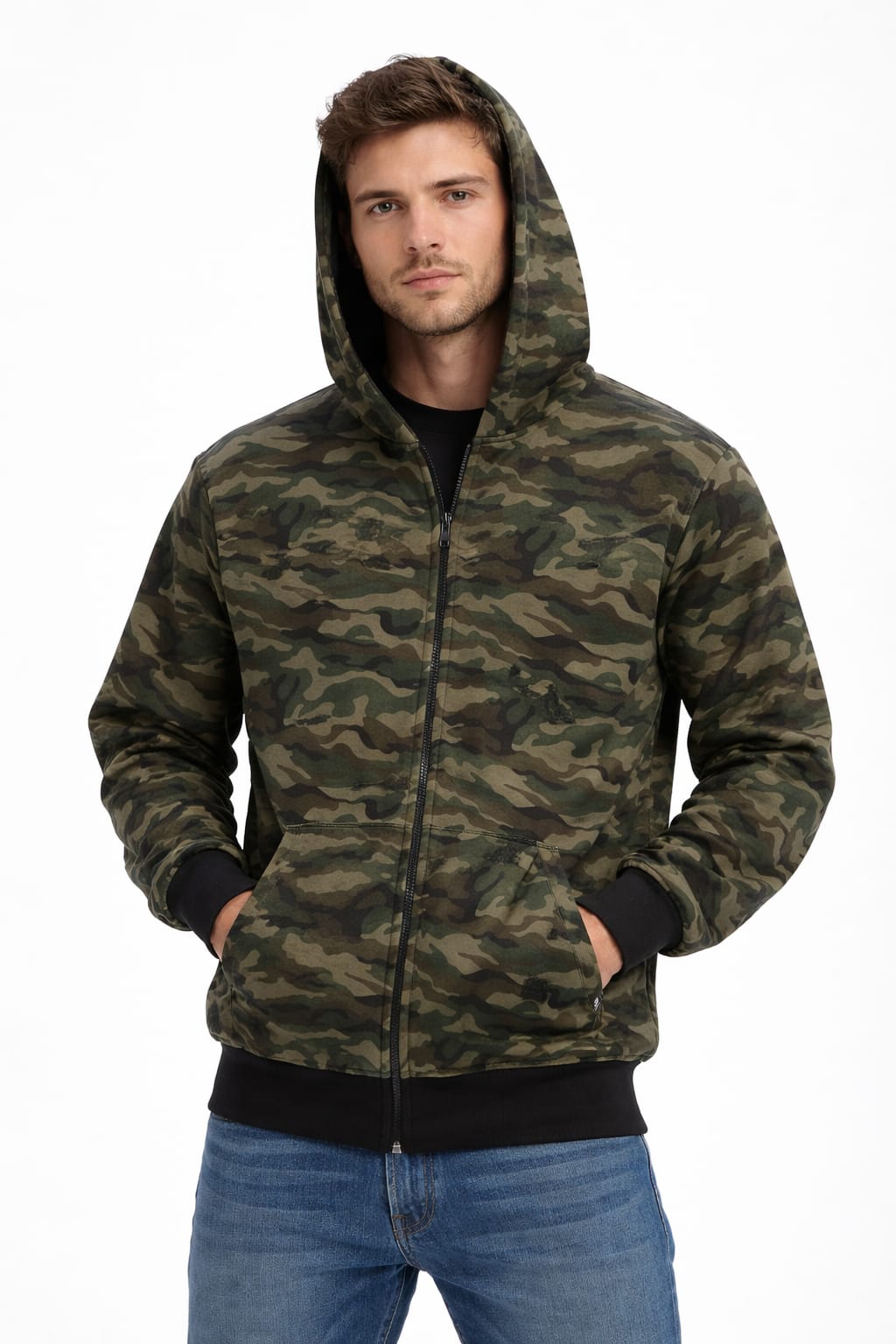 Sudadera Aborregada Con Cierre Camuflaje Verde