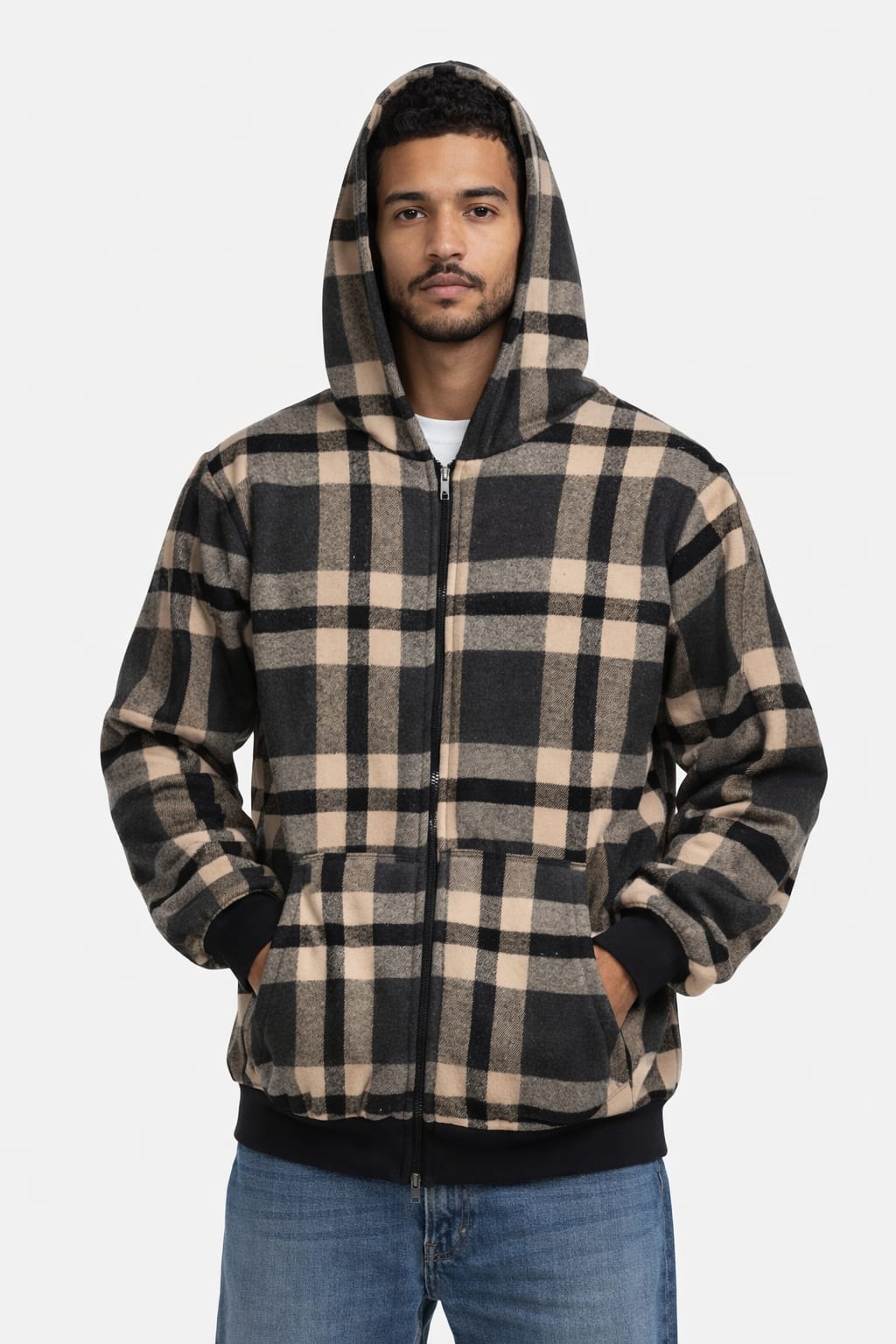 Sudadera Aborrega Estampado de Cuadros Color Beige