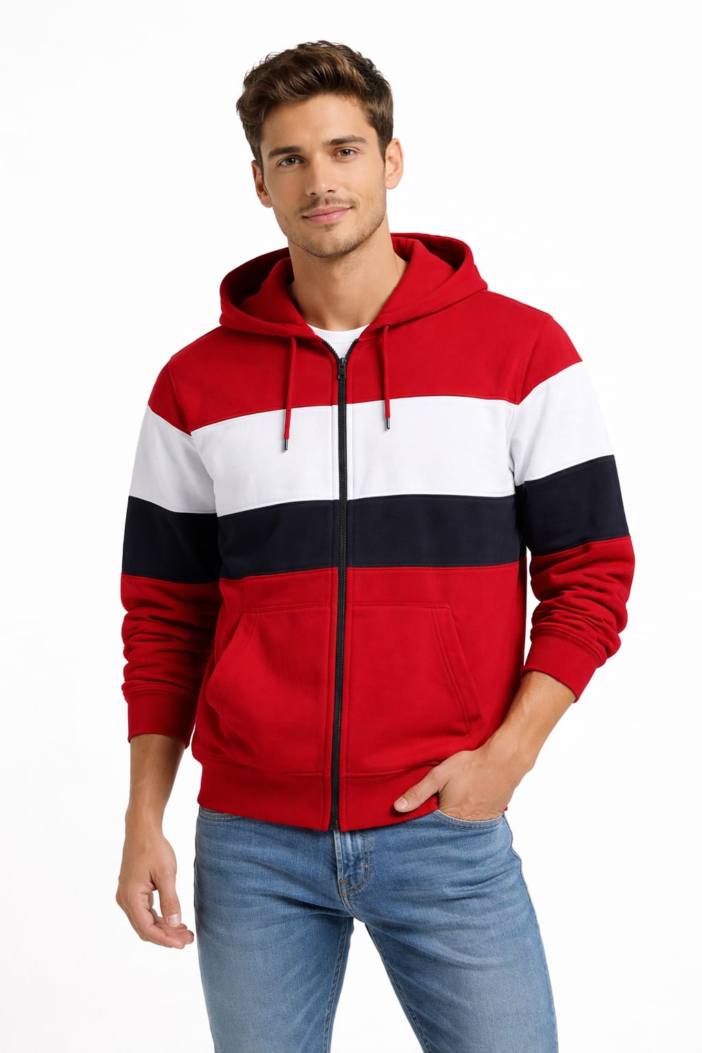 Sudadera Sencilla Tricolor Con Bolsas y Gorra