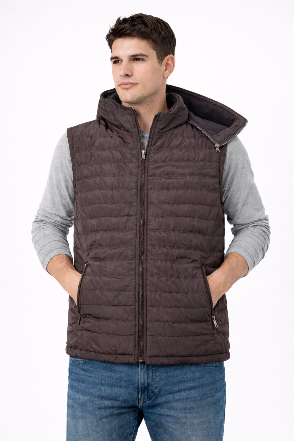 Chaleco Con Gorra Desmontable Color Café Oscuro